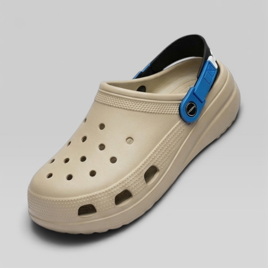 Beige clog shoe with a blue strap on a gray background