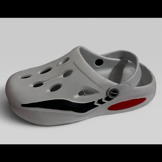 Gray sandal with a red sole on a light gray background